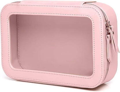 Clear and Waterproof Makeup Bag Portable Travel Cosmetic Case Organizer for Women Toiletry Pouch with Transparent Vinyl Windows & Zippers (Pink)