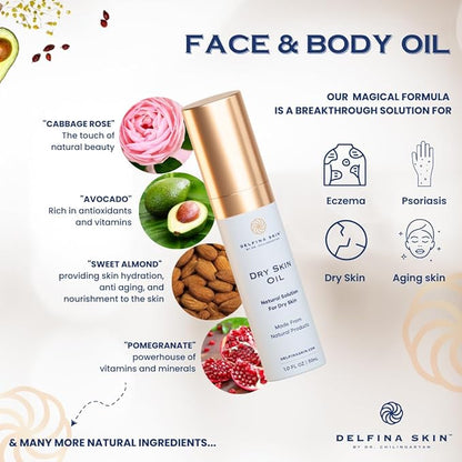Delfina Dry Skin Oil - Eczema Psoriasis Treatment for Skin | Fast Absorbing and More Effective than Lotion for Extremely Dry Cracked Irritated Skin | Safe for All Ages