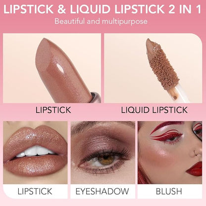 evpct 2 in 1 Nude Brown Glitter Metallic Shimmer Diamond Lipstick and Lip Gloss Set for Women Long Lasting Waterproof, Bronze Gold Sparkle Glitter Shiny Lipstick and Lip Liner Makeup Set, 03#