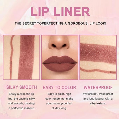 2-in-1 Brown Lip Liner & Lipstick Set Kit for Women, Matte Lips Kit with Lip Liner Lip Stains Long Lasting Waterproof 24 Hour Lipstick and Lip Liners Combo Lipliners Pencil Set 11