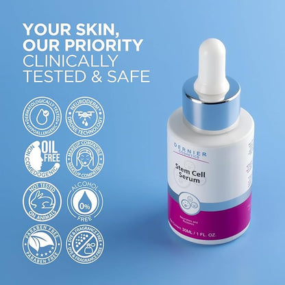 Dernier Stem Cell Serum for Face – 3% Bio Vegan Stem Cells 1% Hyaluronic Acid 0.3% Allantoin | Overnight Hydrating Anti-Aging Moisturizer for Wrinkles Collagen Boost Acne Inflammation (1 fl oz)