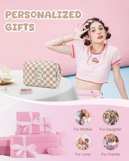 Narwey Birthday Gifts for Women Teen Girls Kids Personalized Initial Checkered Makeup Bag Cute Cosmetic Bag Trendy Stuff 6 8 10 11 12 13 14 16 18 Years Old Travel Toiletry Bag (Brown Letter S)