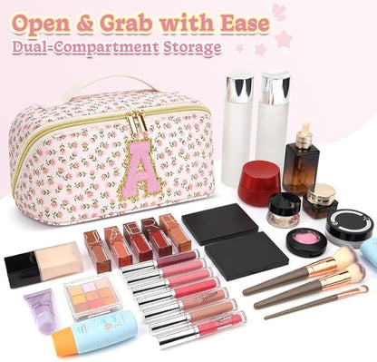 Personalized Travel Makeup Bag Set,Initial Travel Cute Floral Makeup Organizer Bag,Toiletry Skincare Cosmetic Bag,Christmas Gifts for Women/Girls,Open Flat Toiletry Pouch with Brush Pocket-T