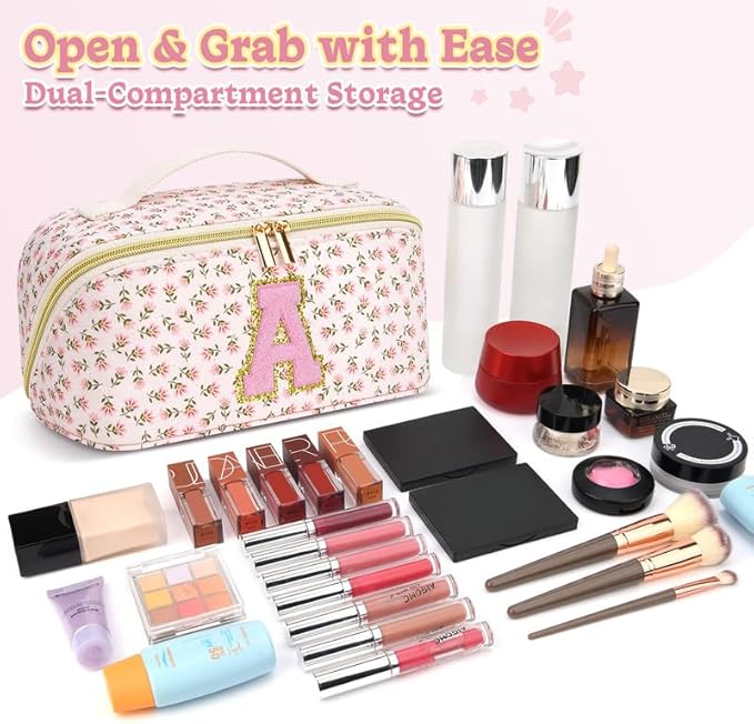 Personalized Travel Makeup Bag Set,Initial Travel Cute Floral Makeup Organizer Bag,Toiletry Skincare Cosmetic Bag,Christmas Gifts for Women/Girls,Open Flat Toiletry Pouch with Brush Pocket-E