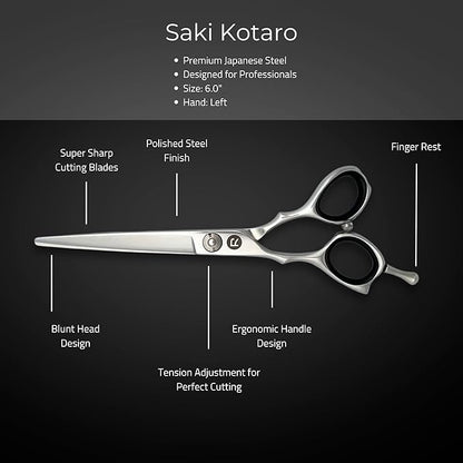 Left Handed Set of Hair Cutting Shears - Saki Kotaro - Made from Japanese 440C Steel - 6 Inch Set Includes Left Hair Scissors, Left Thinning Shears, Razor and Leather Shears Case