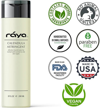 RAYA Calendula Astringent with AHA 8 oz (G-206) | Glycolic Facial Toner for Combo and Partially Oily Skin Prone to Break-Outs | Helps Normalize pH and Fight Bacteria | Made with Alpha Hydroxy Acids