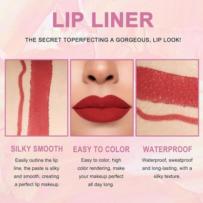 Kaely 2-in-1 Red Lip Liner & Lipstick Set Kit for Women, Matte Lips Kit with Lip Liner Lip Stains Long Lasting Waterproof 24 Hour Lipstick and Lip Liners Combo Lipliners Pencil Set 01