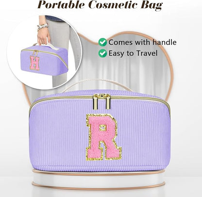Personalized Initial Makeup Bag,Christmas Gifts for Girl,Preppy Bag Cosmetic Travel Bag Women,Travel Toiletry Organizer,Large Capacity Corduroy Stuff Bag,Cute Cosmetic Pouch Skincare Bag-Q