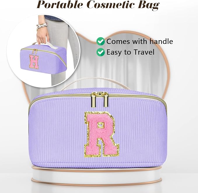 Personalized Initial Makeup Bag,Christmas Gifts for Girl,Preppy Bag Cosmetic Travel Bag Women,Travel Toiletry Organizer,Large Capacity Corduroy Stuff Bag,Cute Cosmetic Pouch Skincare Bag-U