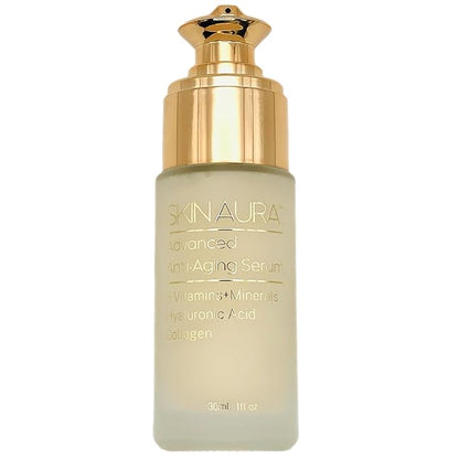 SKIN AURA™ Advanced Anti-Aging Serum - All-In-One Plant Derivative Formula Improves Wrinkles, Fine Lines & Age Spots with 5 Vitamins + Minerals, Hyaluronic Acid & Collagen Peptides - 30ml (1oz)