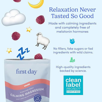 First Day Women’s Nighttime Reset Calming Magnesium Gummies – Sleep Aid Supports Peaceful Rest, Balanced Mood & Energy – Supplement with Magnesium Citrate, L-Theanine & No Melatonin – 30-Day Supply