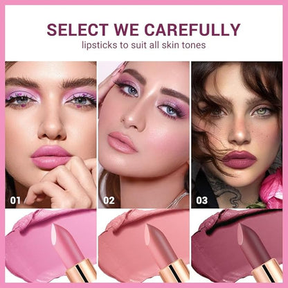 3Pcs Nude Pink Purple Mauve Lavender Lip Stick,Matte Cream Lipstick Set for Women,Long Lasting Waterproof Smudge Proof Velvet lipsticks Crayon,Lip Makeup Kit Travel Size,Vegan & Cruelty-free