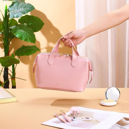 Travel Makeup Bag, Large Wide-open Cosmetic Bag Make Up Organizer Case for Women, Waterproof PU Leather Toiletry Bag Skincare Pouch for Toiletries Accessories Brushes