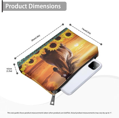 COEQINE Sunflower Western Cosmetic Purses for Women Weddings Western Cosmetic Pouch With Cute Horse And Sunset Print Mini Makeup Bag Travel Wedding Partry Purse With Zipper