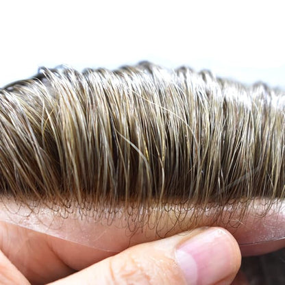 FACE MIRACLE Toupee for Men French Lace Hairpiece Human Hair Replacement System Skin PU Mens Toupee Hair Wigs for Man V-Looped Front Hair Prosthesis 8"X10" 6# LIGHT BROWN
