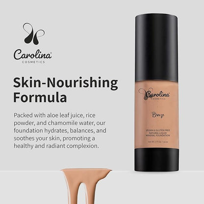 Carolina Cosmetics - Foundation in Breeze Shade Plant-Based - Hydrating, Pore-Minimizing & Buildable Coverage - Vegan, Non-GMO, Paraben-Free - 1oz