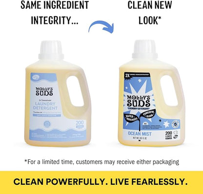 Molly's Suds Liquid Laundry Detergent | Clean Laundry Detergent Soap for Sensitive Skin | 2x Concentrated, High Efficiency (HE) (Ocean Mist - 200 Loads)