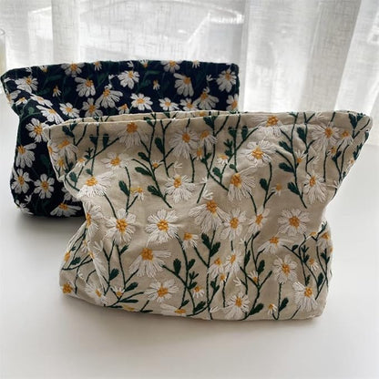 Makeup Bags for Purse Zipper Cosmetic Pouch Large Travel Canvas Make Up Organizer Tool Pouch for Women and Girls,Daisy White