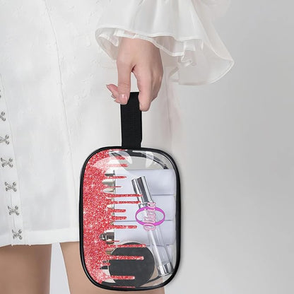 Custom Clear Travel Cosmetic Bag with Name, Personalized Transparent Large Capacity Weekend Toiletry Bag Portable Bathroom Makeup Organizer, Shiny Sparkly Fluid Shape Red Glittering
