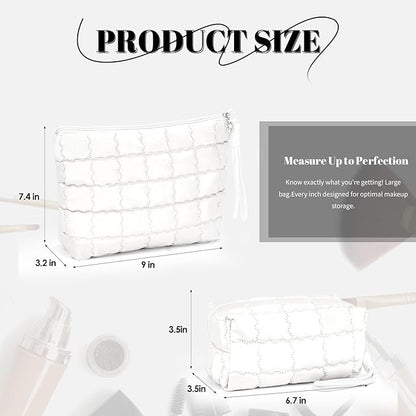 Richeart Makeup Bag Travel Toiletry Bag - Checkered Down Cotton Makeup Pouch for Women with Cosmetic and Pencil, Aesthetic White Design, 2 Pieces