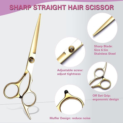 Hair Cutting Scissors Kit 11PCS, Professional Haircut Scissors with Japanese Stainless Steel Shears, Thinning Shears, Haircut Accessories in Leather Case for Salon/Home (Gold)