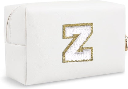 Small Initial Preppy Makeup Bag, Personalized Cute White Cosmetic Organizer Chenille Letter Travel Toiletry Zipper Pouch, Waterproof PU Leather Make Up Case Preppy Stuff for Women Teacher(Letter Z)