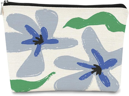 Floral Makeup Organizer, Blue Flower Cosmetic Bag, Small Makeup Bag for Women & Girls, Gifts
