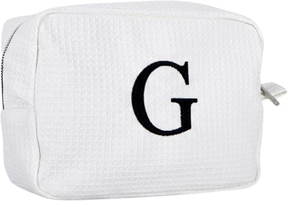 Personalized White Waffle Makeup Bag,Custom Embroidered Initial Cosmetic Pouch for Women,Monogrammed Cosmetic Case,Bridesmaid Gifts (G)