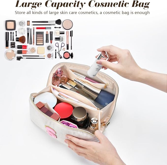 Personalized Initial Makeup Bag,Christmas Gifts for Girl,Preppy Bag Cosmetic Travel Bag Women,Travel Toiletry Organizer,Large Capacity Corduroy Stuff Bag,Cute Cosmetic Pouch Skincare Bag-A