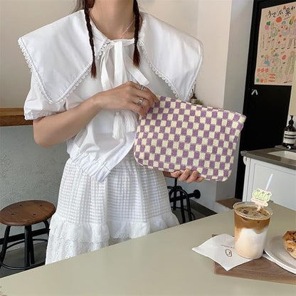PAZIMIIK Knitted Checkered Makeup Bag Large Zipper Make Up Accessory Pouch for Purse Cosmetic Brush Bag for Travel Essential,Purple