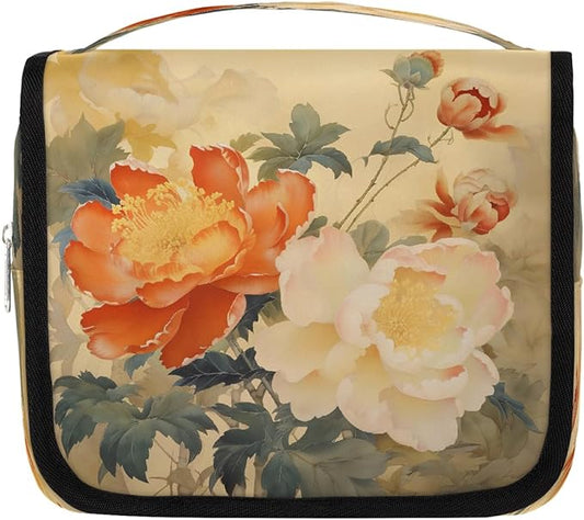 Travel Toiletry Bag for Women & Men Ethnic Flower Peony Hanging Cosmetic Organizer Portable Waterproof Makeup Case Make Up Bag with Compartments Travel Essentials for Bathroom Shower