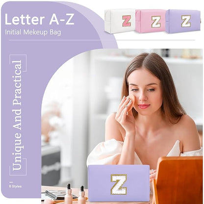 Personalized Makeup Bag Initial A-Z Preppy Patch Bag,Small PU Leather Travel Cosmetic Bag Pouch with Zipper,Purple Cute Toiletry Bag,Gift Ideal for Teen Girls Women Birthday Friend Mom,Latter Z
