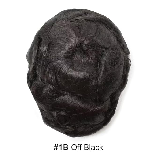 FACE MIRACLE Mens Toupee Lace Front Hairpieces Soft Human Hair Replacement System Natural Hairline Toupee for Men French Lace Poly V-Looped Mens hair Units 6"X8" 1B# OFF BLACK