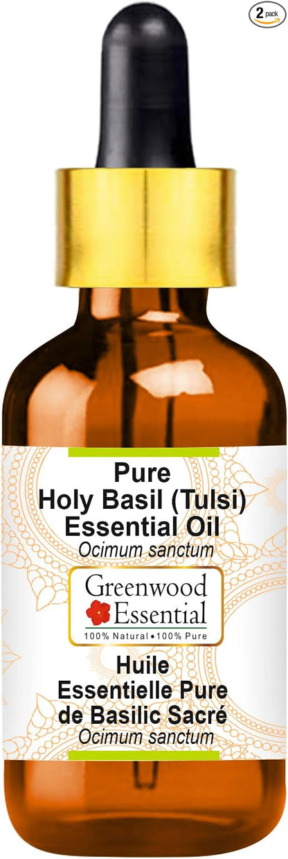 Greenwood Essential Pure Holy Basil Essential Oil (Ocimum Sanctum) with Glass Dropper Steam Distilled 15ml (0.50 oz)