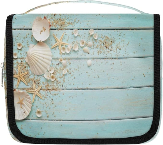 Hanging Travel Toiletry Bag for Women Men Teal Wooden Waterproof Makeup Bag Beach Starfish Portable Cosmetic Bag Travel Essentials for Traveling Accessories Toiletries Bathroom Shower