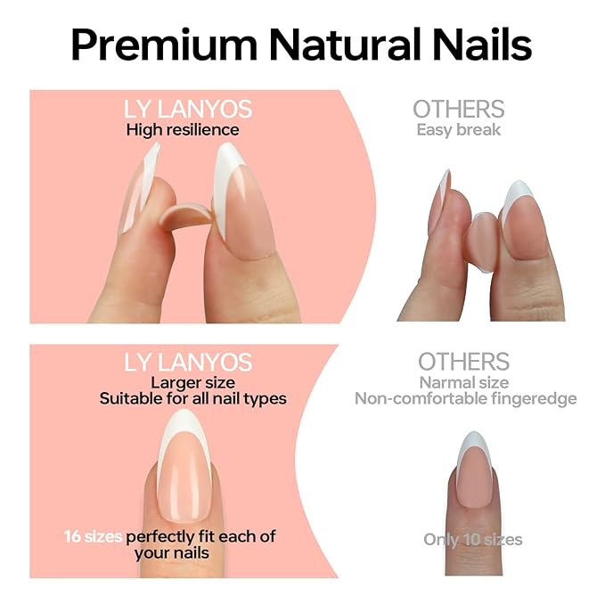 16 size white french tip almond press on nails for women,32 pcs super short petite oval nails with glue and stick, Brown French
