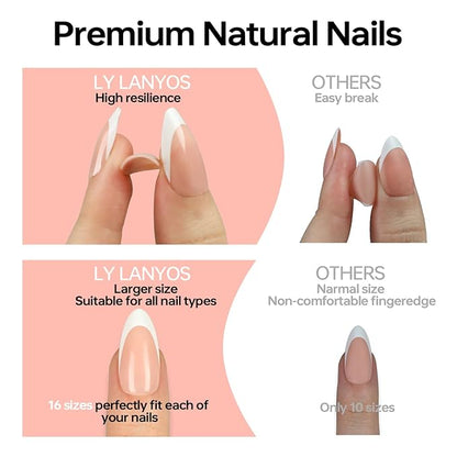 16 size white french tip almond press on nails for women,32 pcs super short petite oval nails with glue and stick ，nude french