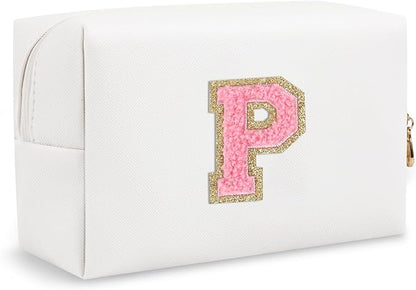 Personalized Initial Preppy Makeup Bag Organizer, White Small Travel Cosmetic Bag Monogram Toiletry Zipper Pouch for Women, PU Leather Waterproof Makeup Case Proposal Gift for Brides Female(Letter P)