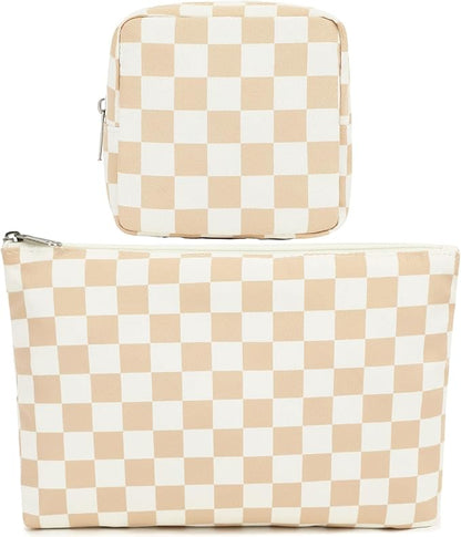 Checkered Makeup Bag, Travel Cosmetic Bag Organizer Toiletry Bag Make Up Bags with Zipper & Compartments for Women Girls, 2PCS