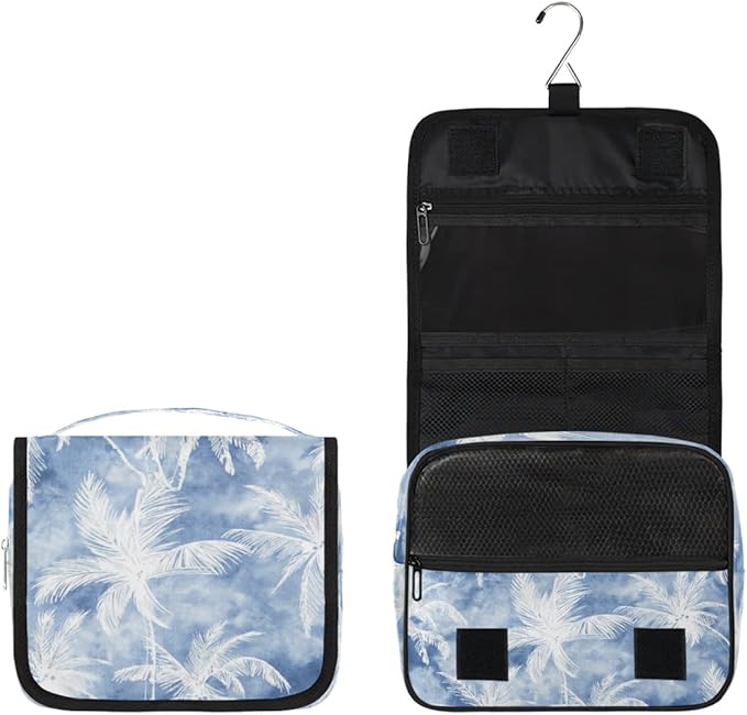 Vintage Blue Palm Hanging Travel Toiletry Kit Bag with Hook for Men and Boys, Beach Tropical Tree Makeup Case Waterproof Cosmetic Bag Storage Bag Organizer for Accessories Toiletries