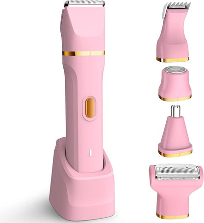 KINGTEE 5-in-1 Electric Bikini Trimmer for Women – IPX7 Waterproof Shaver, Cordless Body & Facial Razors for Women, Ceramic Blades, USB-C Rechargeable, Painless Hair Removal Kit (Pink)