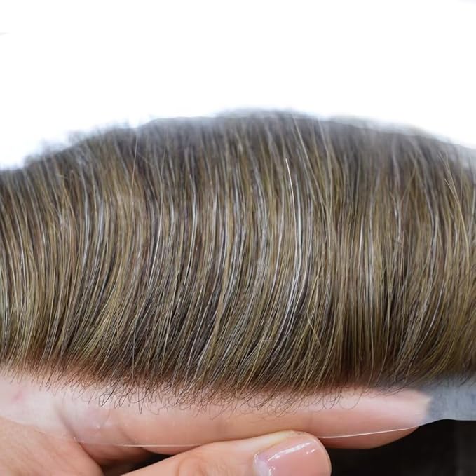 FACE MIRACLE French Lace Mens Toupee Human Hair System Lace Center Toupee for Men Thin Skin PU Around Hair Replacement System V-Looped Mens Hair Wig 6"X9" #520 5# MEDIUM LIGHT BROWN WITH 20% GREY