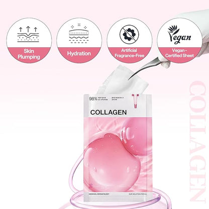 Mediheal Collagen Essential Sheet Mask Core Firming 10 pcs. 98% Vegan Collagen for firming, elasticity, and skin density improvement. Vegan formula