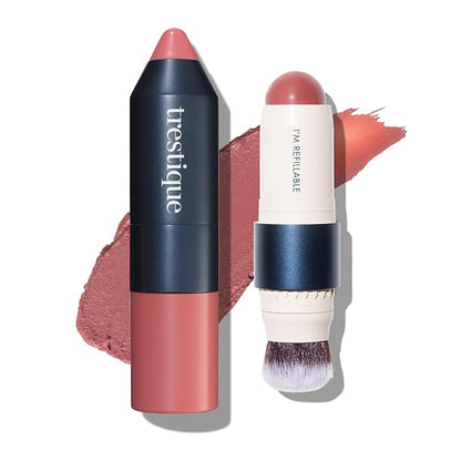 trestique Blush Stick, Vegan Blush Stick With Built-In Brush, Pink Blush Makeup For Women, Rose Makeup, 2-In-1 Creamy