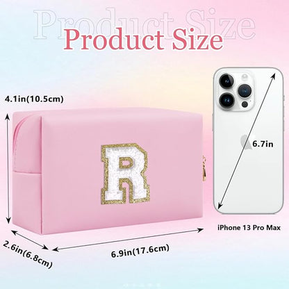 Small Personalized Letter Makeup Bag, Cute PU Leather Chenille Letters Cosmetic Bag Travel Makeup Pouch, Preppy Travel Organizer Zipper Pouch for Women&Girls（Pink-R）