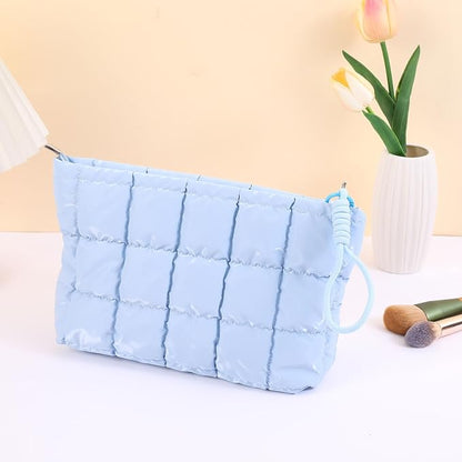 Puffer Quilted Makeup Bag Travel Cosmetic Bag Portable Puffy Checkered Toiletry Pouch Skincare Organizer Purse Pencil Case (Sky Blue)