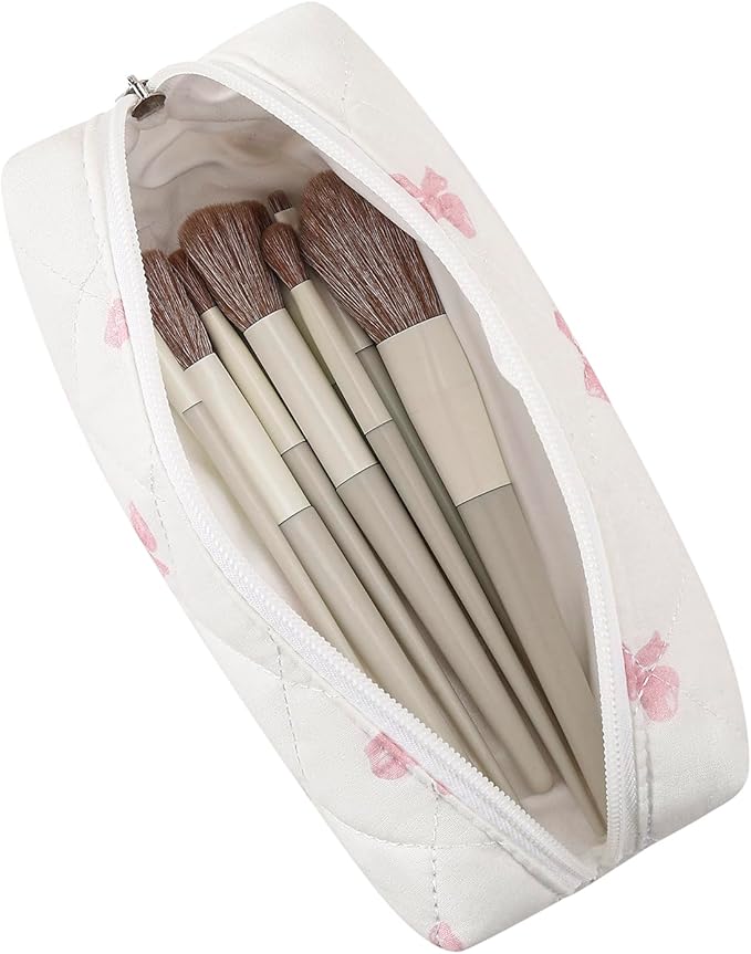 Cute Floral Cotton Makeup Brush Cosmetic Bag for Women, Travel Quilted Zipper Make Up Bag, Flowers Toiletry Organizer Case Kawaii Makeup Cosmetic Travel Cloth Pouch (Pink Bow Tie)