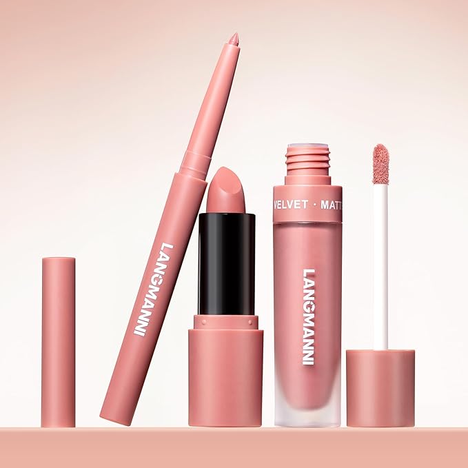 LANGMANNI 3 in 1 Matte Velvet Lipstick Set-Lip Liner,Lip Gloss and Lipstick Combo,Perfect for Natural Lip Contour,Waterproof And Longlasting Effect Lip Makeup,Unique Festival Gift (#06, Pack of 1)