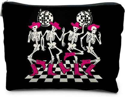 Gothic Dancing Skeleton Cowboy Makeup Bag, Western Goth Skull Cosmetic Bags for Women, Trendy Retro Black and White Checkered Makeup Pouch Zipper Pouch