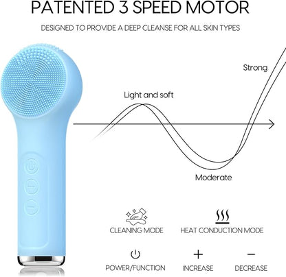 Silicone Facial Cleansing Brush, Portable Electric Face Scrubber with Heat and Vibration, 3 Modes Adjustable, Waterproof IPX6, USB-C Rechargeable, Deep Cleansing, Exfoliating and Massage